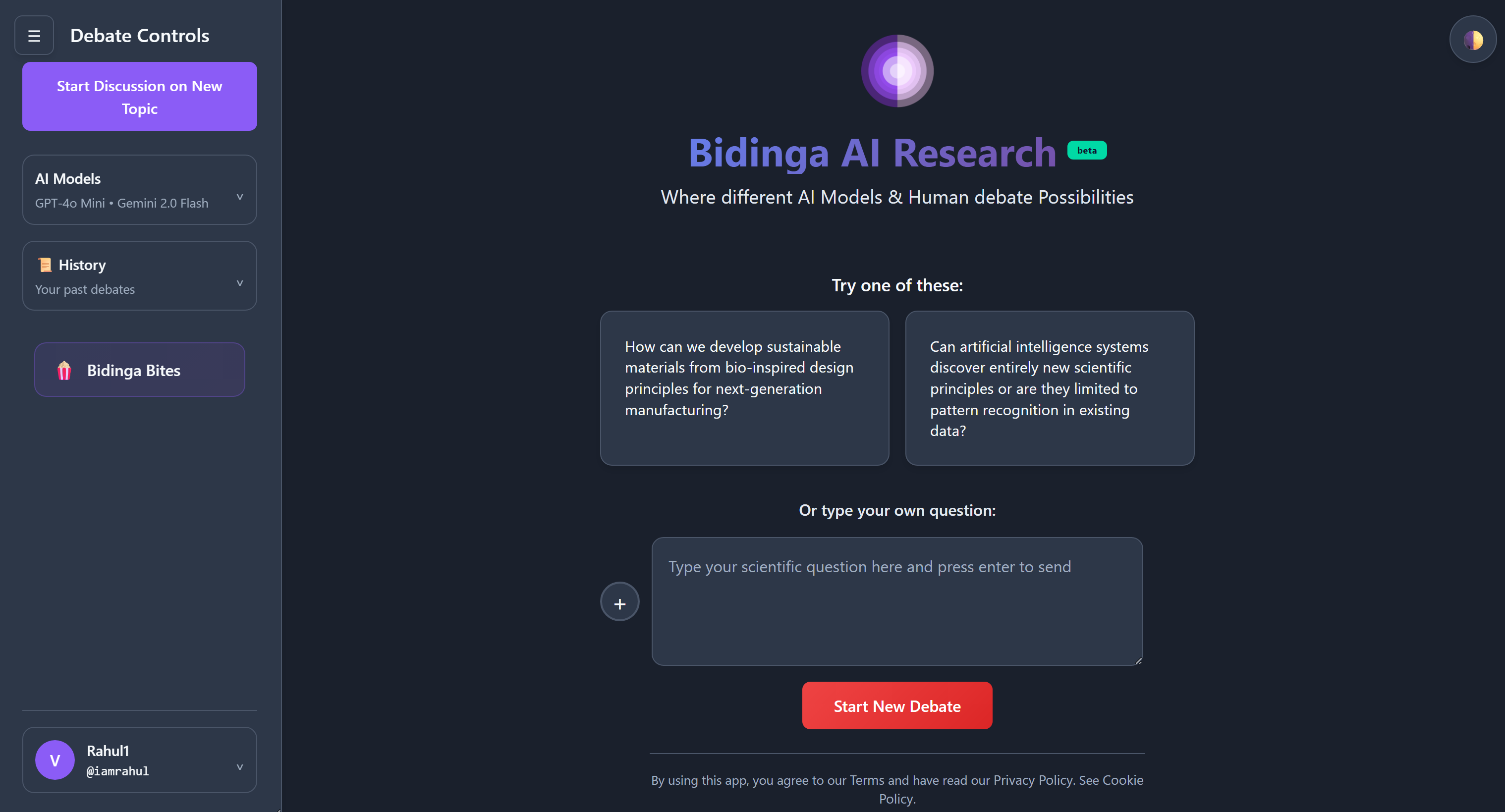 Bidinga AI Research Dashboard - AI Models debating scientific topics
